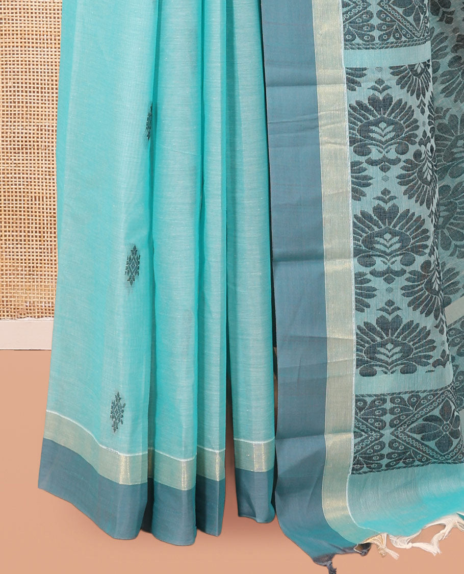 Sky Blue Kanchi Cotton Saree, Woven with Thread Buttas, a Contrast Border, Pallu of Intricate Design, and a Matching Blouse