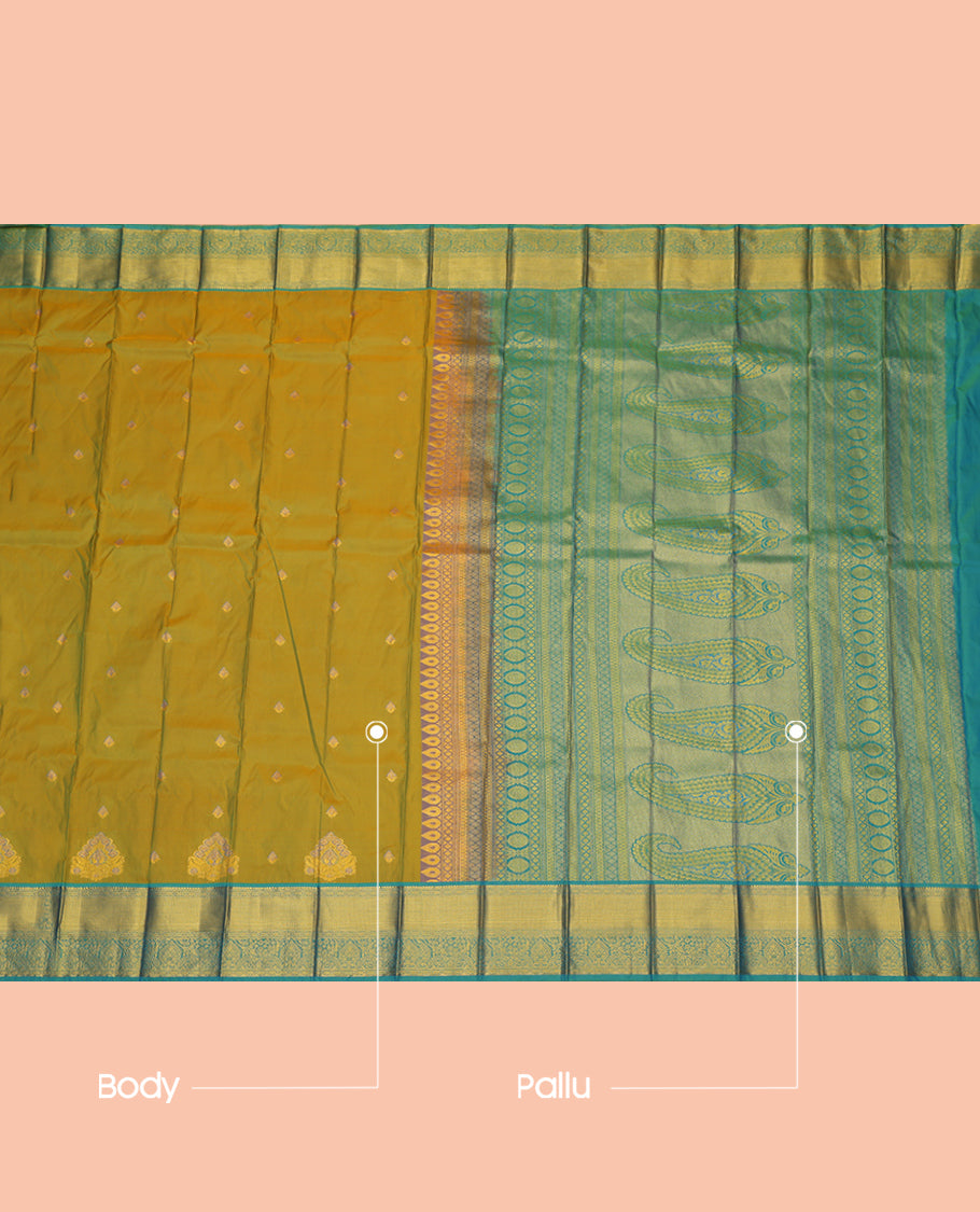 Green Budget Silk Saree, Woven with Zari Buttas, a Contrast Traditional Zari Border, Grand Pallu, and a Contrast Blouse