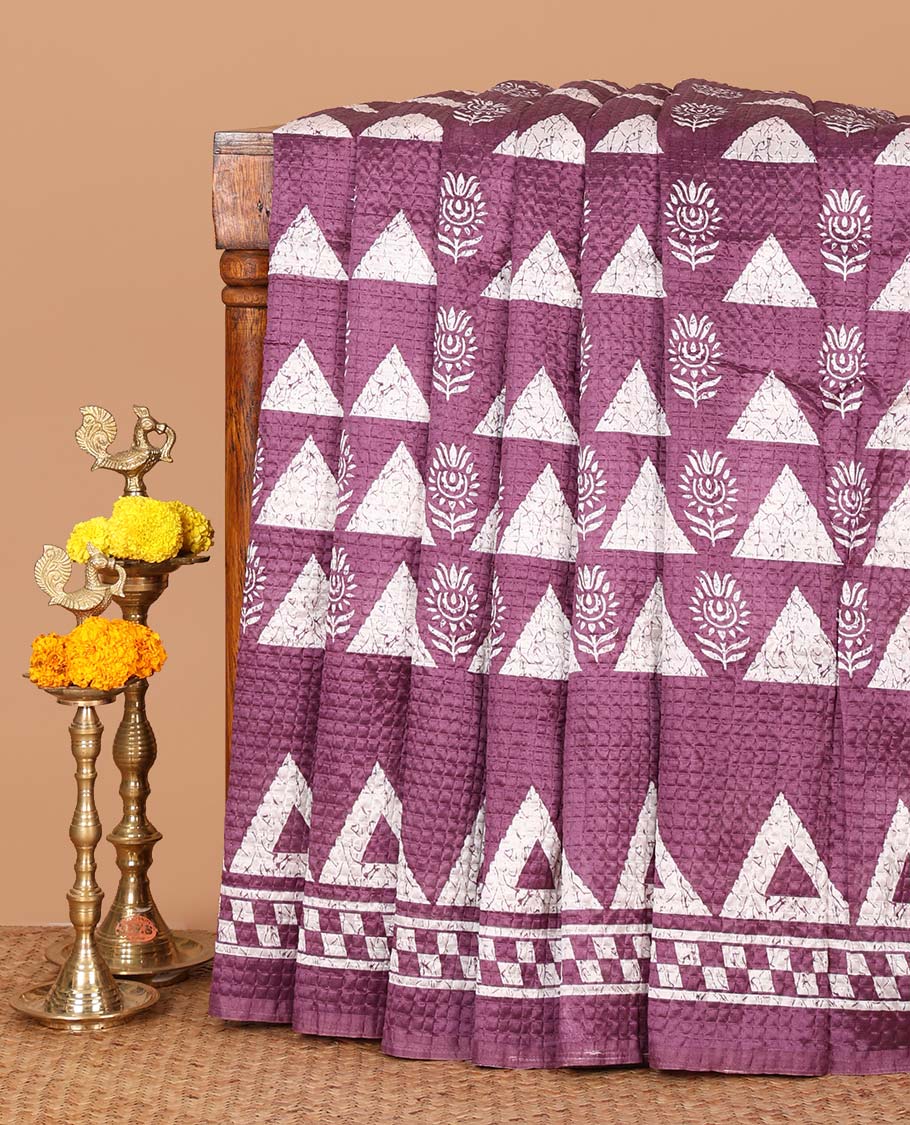 Violet batik-style triangle & floral printed litchi crushed saree,self-border,geometric print pallu & triangle motif printed blouse