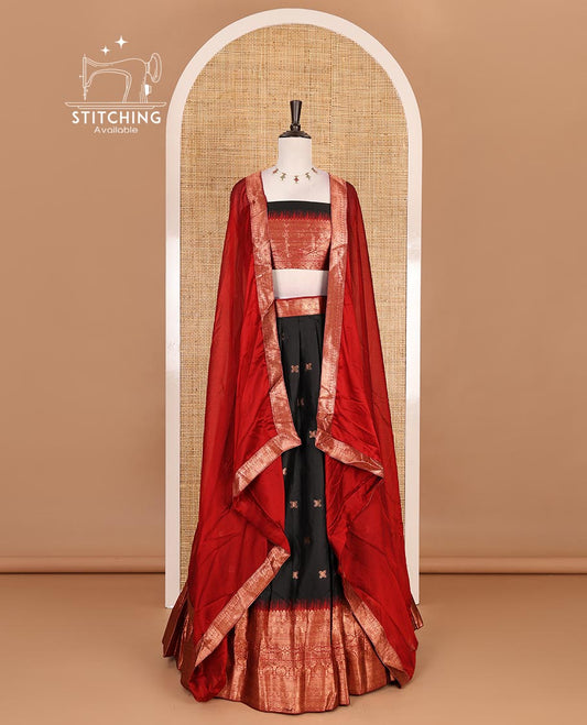 Black taffeta silk half saree, zari buttas with contrast Maroon traditional zari border, matching zari blouse, and contrast plain zari border dhavani