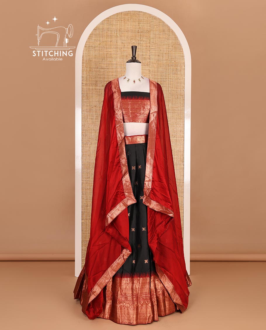 Black taffeta silk half saree, zari buttas with contrast Maroon traditional zari border, matching zari blouse, and contrast plain zari border dhavani
