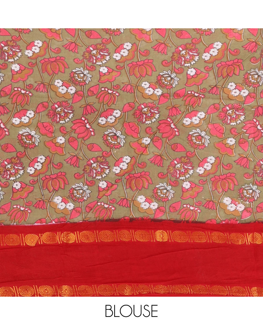 Green lotus design printed sungudi cotton saree, contrast rettai pettu zari border, geometric pallu & running blouse