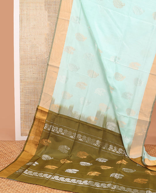 Light blue motifs uppada saree with contrast zari border & floral design pallu