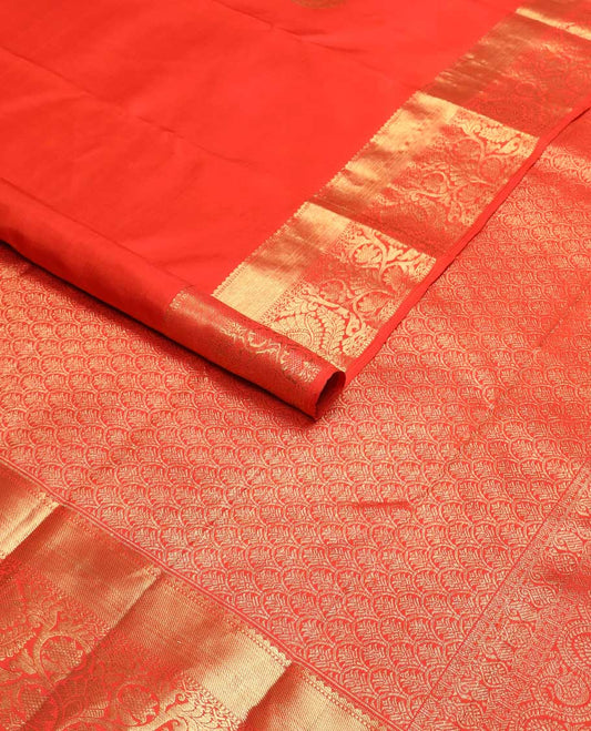 Red buttas kancheepuram silk saree with self border of rekku, banaras, kodi visiry design & jaal design pallu