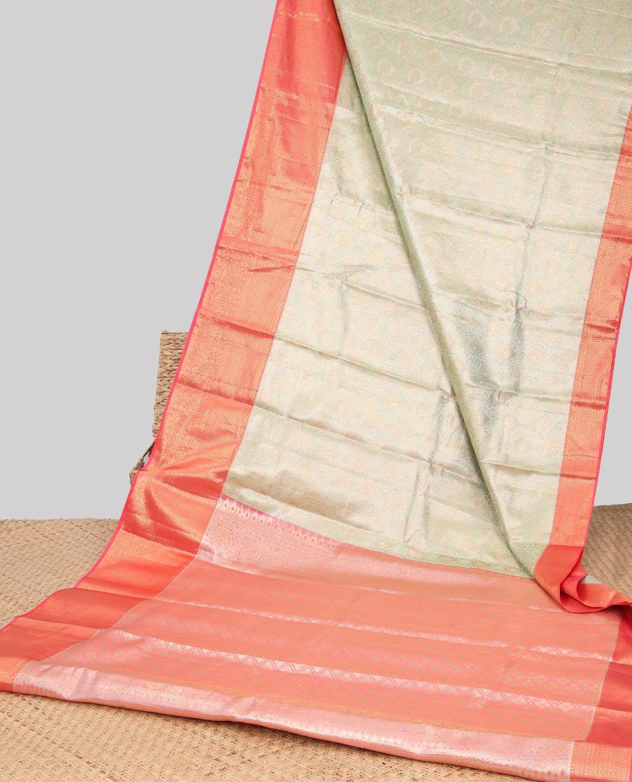 Green floral jacquard budget silk saree with contrast intricate zari design & floral checked zari design pallu