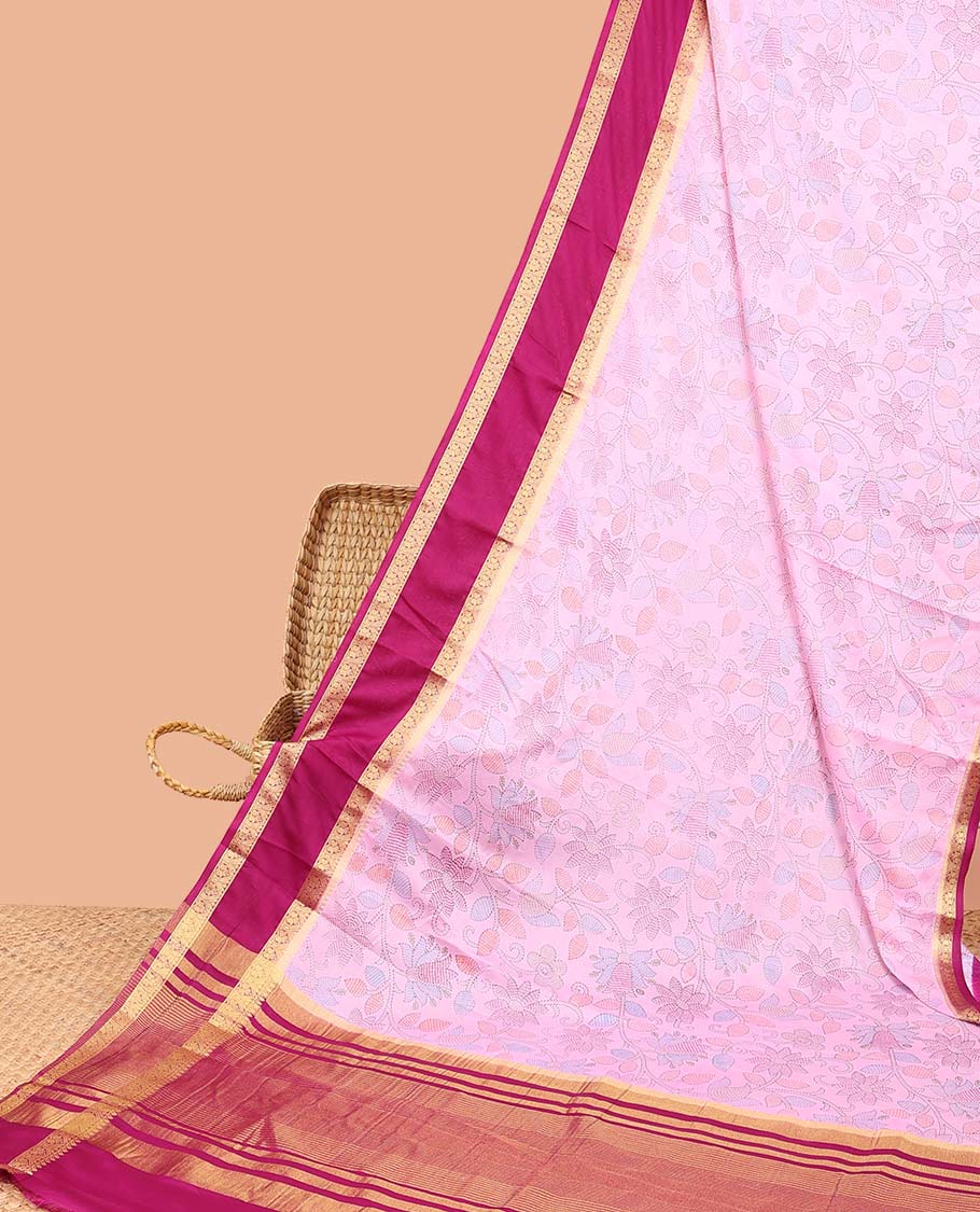 Pink madhubani-style floral vine semi-banaras printed saree, contrast traditional design border & striped pallu