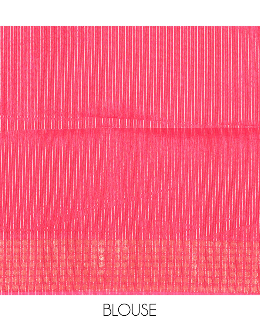 Rani Pink Fancy Tussar Saree, Polka Dotted Border, a Floral Printed Blouse, Matching Blouse