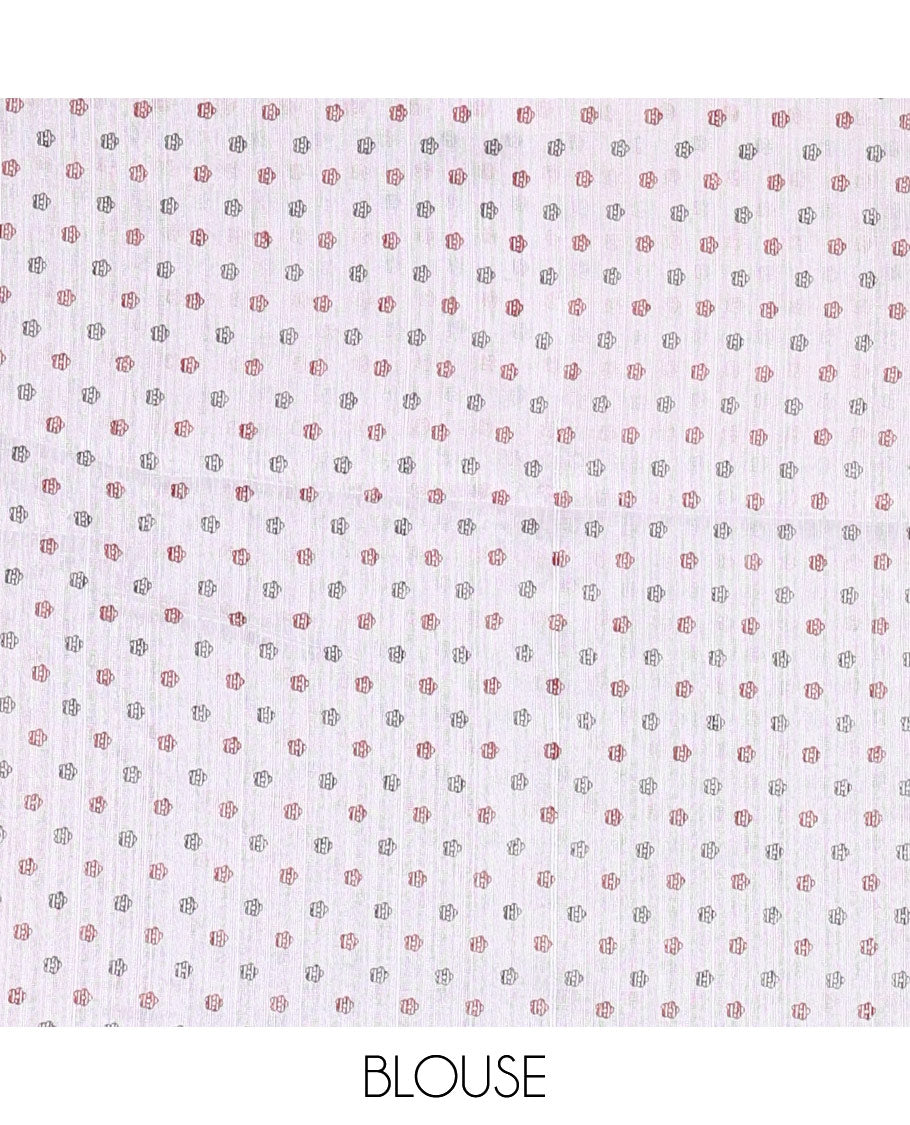 White jamdani style floral vine design semi-jute silk saree, floral vine printed border, pallu, and blouse of small buttas print