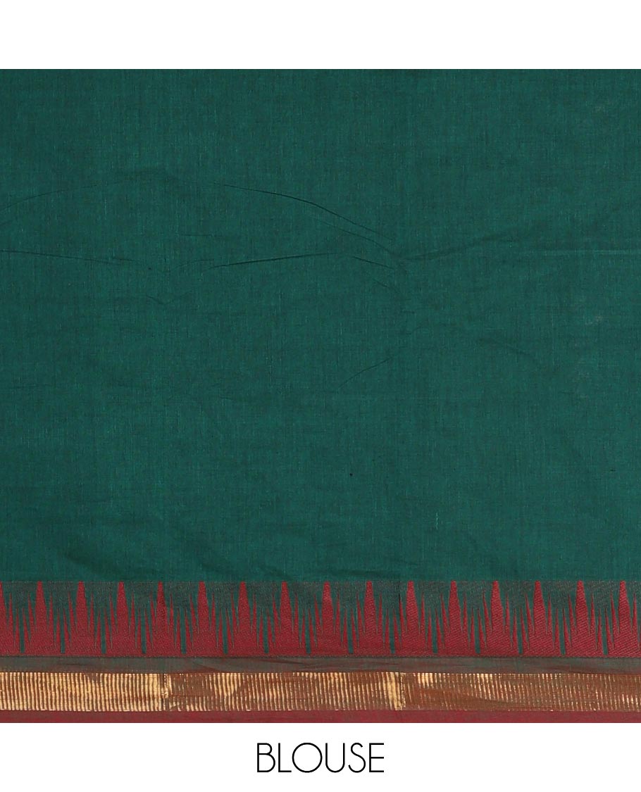Green plain Chettinad cotton saree, contrast ganga jamuna temple zari border, striped pallu, and plain blouse