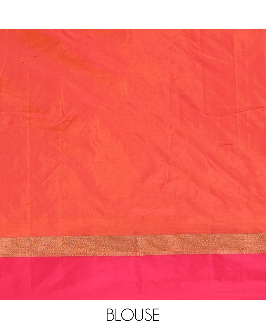 Yellow plus thread buttas semi-soft saree, contrast zari satin border, striped pallu & contrast plain blouse