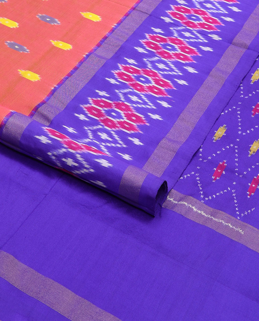 Red motifs ikkat sareewith contrast floral design border & argyle design pallu