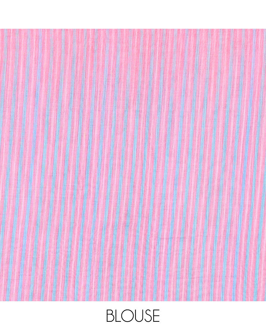 Blue small thread buttas linen cotton saree, contrast temple zari piping border, striped pallu and a contrast blouse