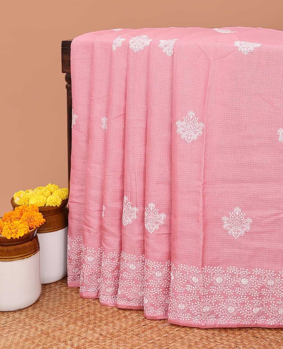 Dusty rose allover lucknowi chikankari design kotta checks saree with running blouse