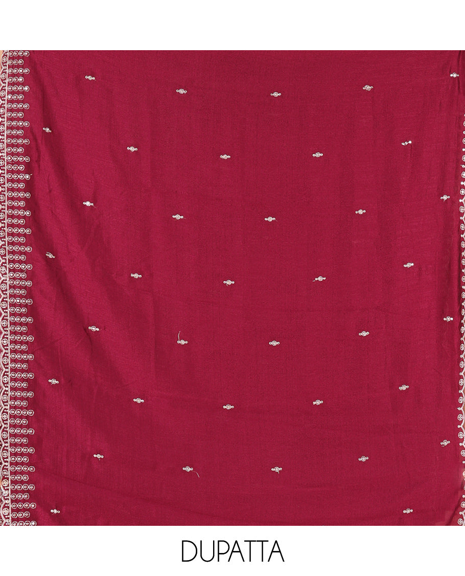 Magenta Vichitra Silk Material Chudiddar, Embroidered Top, Plain Bottom, Scallop Embroidered Dupatta
