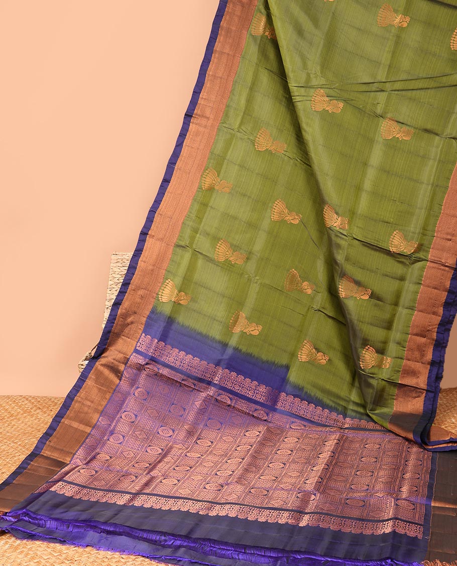 Green with motifs semi-uppada saree with contrast zari border & intricate zari design pallu