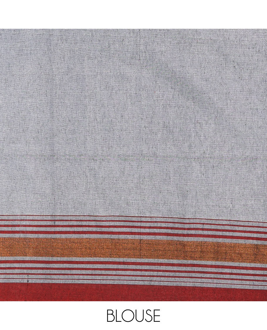 Grey-red plain design mul mul cotton saree, contrast copper zari horizontally striped border, plain pallu, and plain blouse