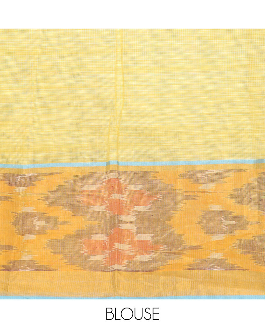 Lemon yellow camel motifs chirala cotton saree with contrast floral design border & striped pallu