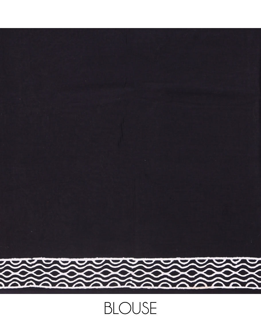 White sparrow motifs hand block printed soft mul cotton, block printed geometric border, intricate motifs printed pallu, and a contrast plain blouse