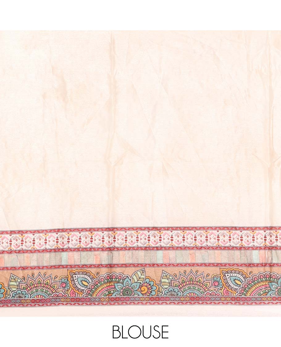 Cream-base Red-base floral bandhani-theme printed & real mirror embroidery masakali saree, self-border, printed mirror work pallu & matching blouse