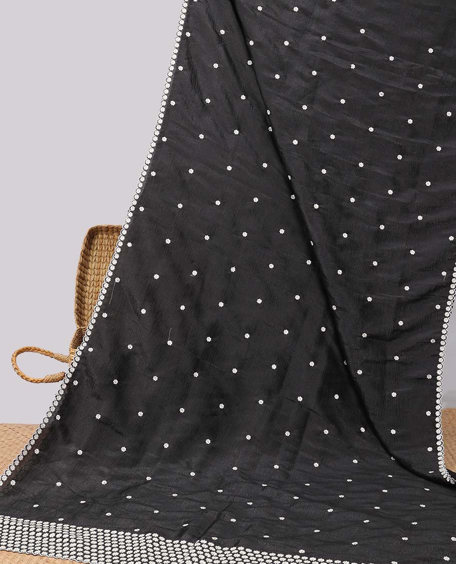 Red crushed tissue saree with all-over floral motifs embroidered & floral scallop border