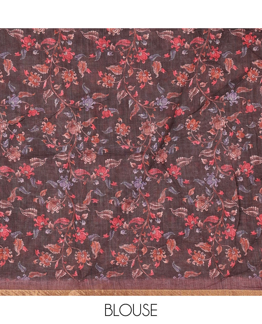 Onion pink zig-zag stripes printed linen cotton saree, piping zari border, kalamkari floral-peacock printed pallu & contrast printed blouse