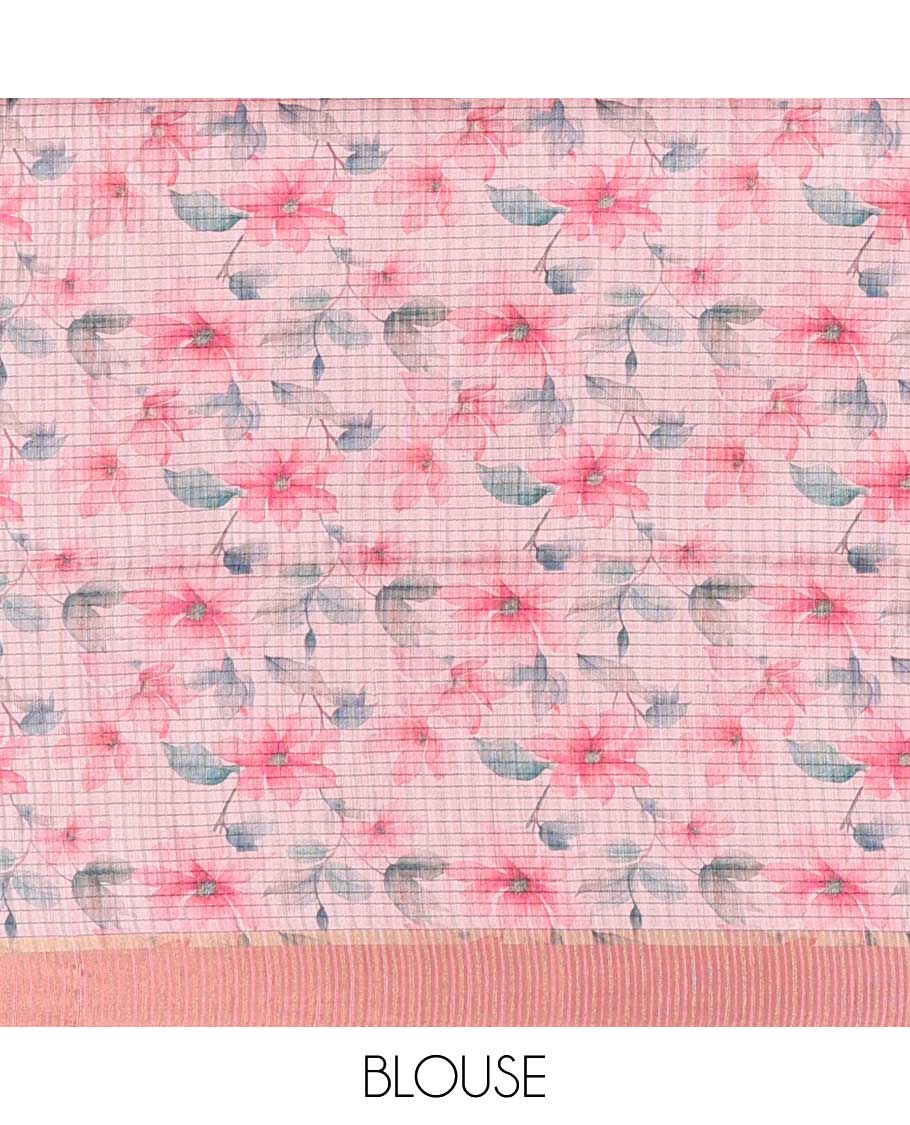 Pink zari checks semi tussar silk saree with digital floral print & short pallu along with digital small print design blouse