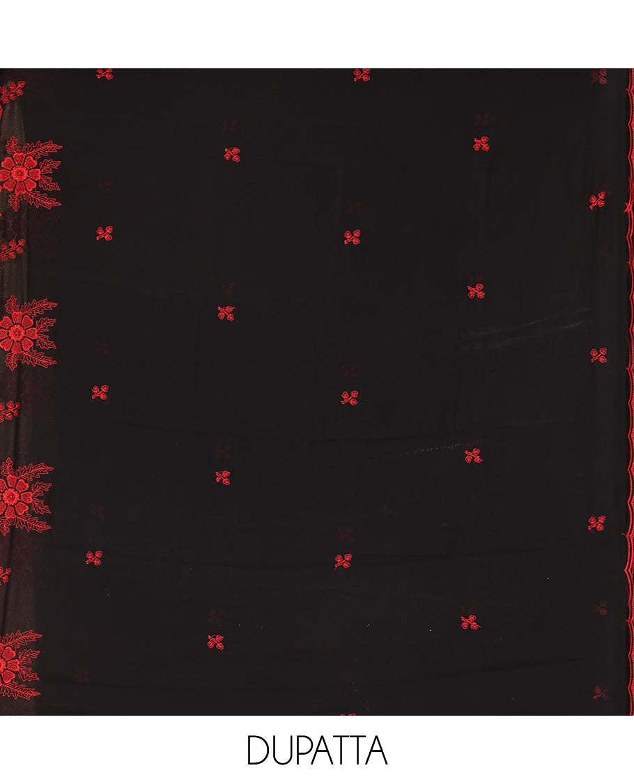 Black-Red Georgette Material Churidar Features Floral Buttas Embroidered Top, a Plain Bottom, Thread Embroidered Dupatta