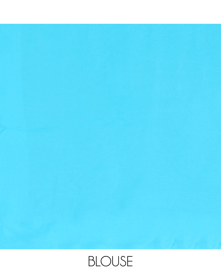 Blue floral vine printed semi banaras crepe saree, contrast chevron striped border & pallu of stripes