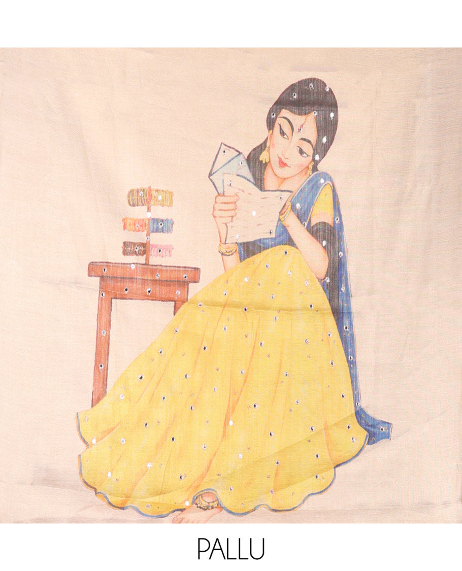 Gold Tissue Saree, Artfully Designed with Girl Motif Painting and Mirror work, a Scallop Border, and a Printed Blouse
