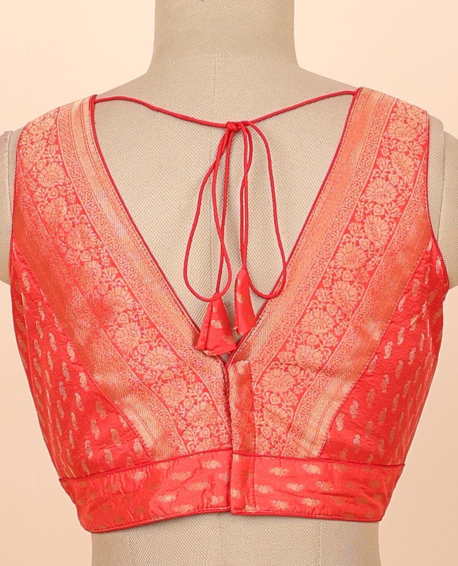 Red intricate floral zari design front & back deep v-neck raw-silk readymade sleeveless blouse