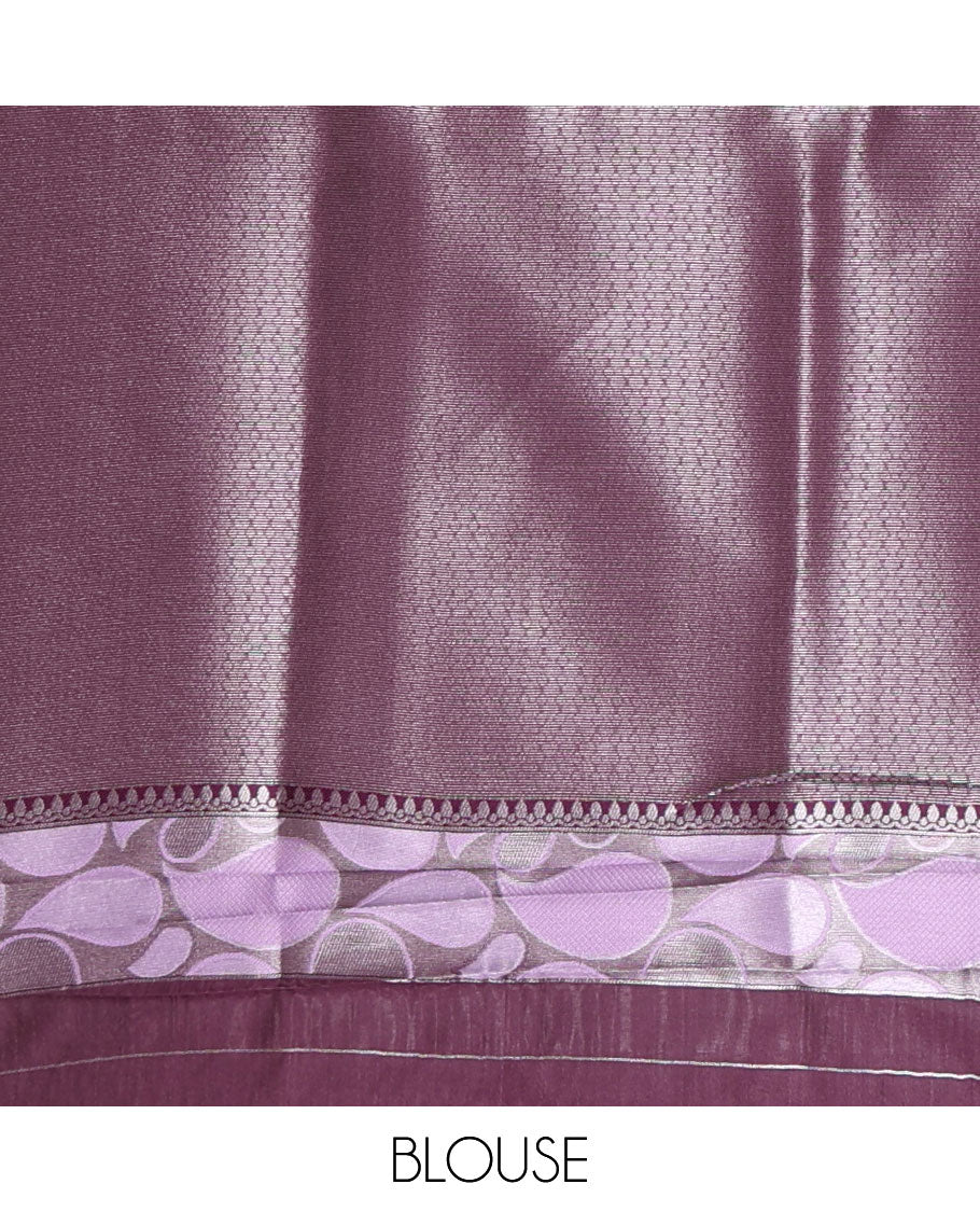 Purple jacquard kanchi silk saree, contrast border, and pallu steeped with paisley motifs with contrast zari design blouse