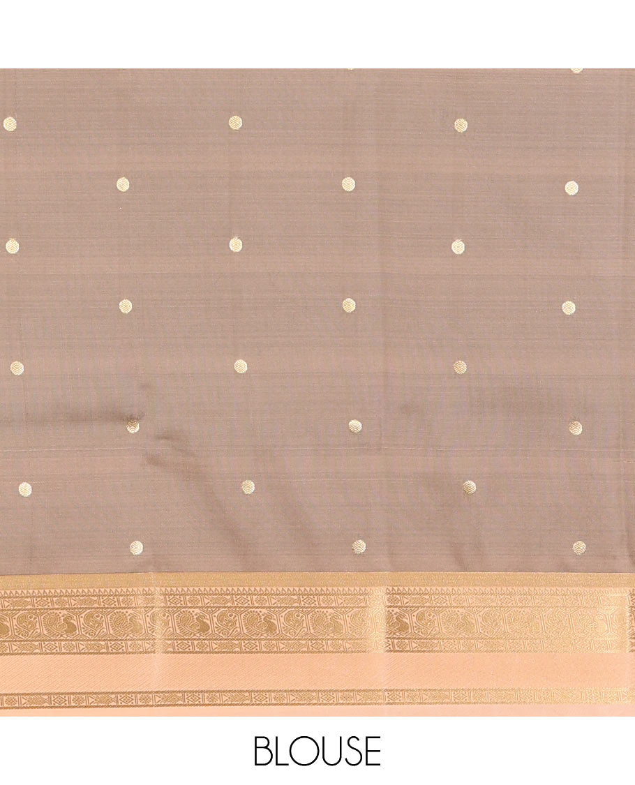 Bottle green buttas soft silk saree , contrast peacock and mango zari weaving border , contrast weaving rich pallu and contrast Blouse