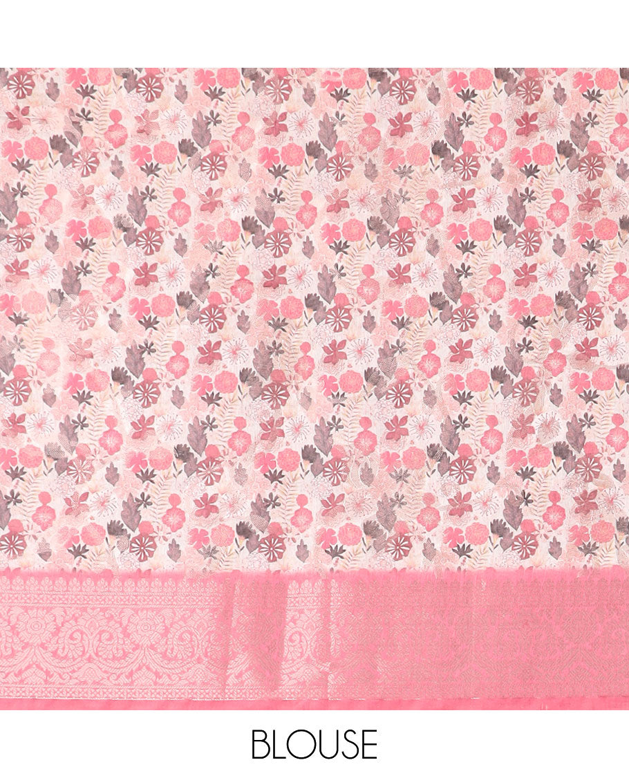Cream with pink allover digital floral print with copper zari weaving design semi dupion silk saree , contrast zari jacqaurd border & contrast weaving rich pallu , small digital floral print blouse