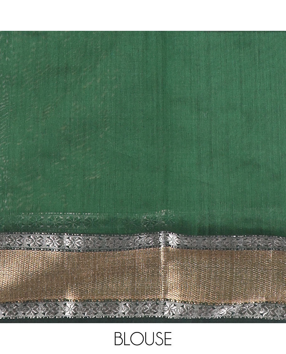 Green maheshwari cotton saree with contrast floral zari design border & striped pallu