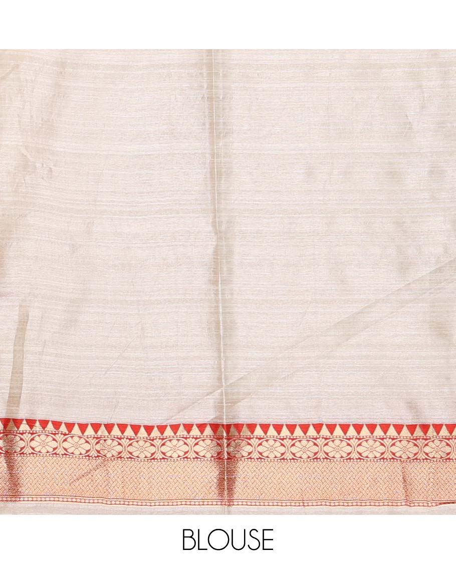 Half-white buttas banarasi jute saree, contrast traditional zari ganga-jamuna-style satin thread border, intricate pallu & plain blue blouse