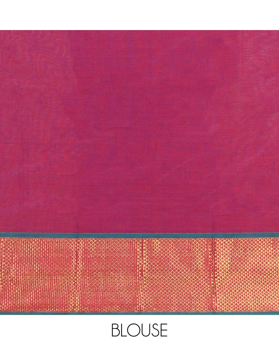 Pink cotton half saree with contrast traditional border , plain blouse & plain dhavani with zari design border