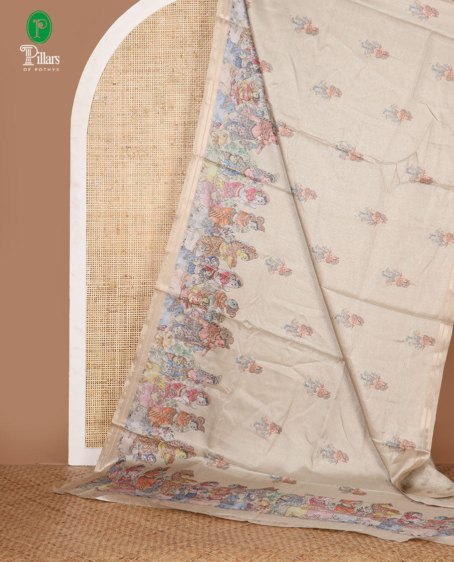 Chikku human motifs printed semi-tussar saree, zari chevron border, pallu of pichwai cow & human figurines, & pichwai printed blouse