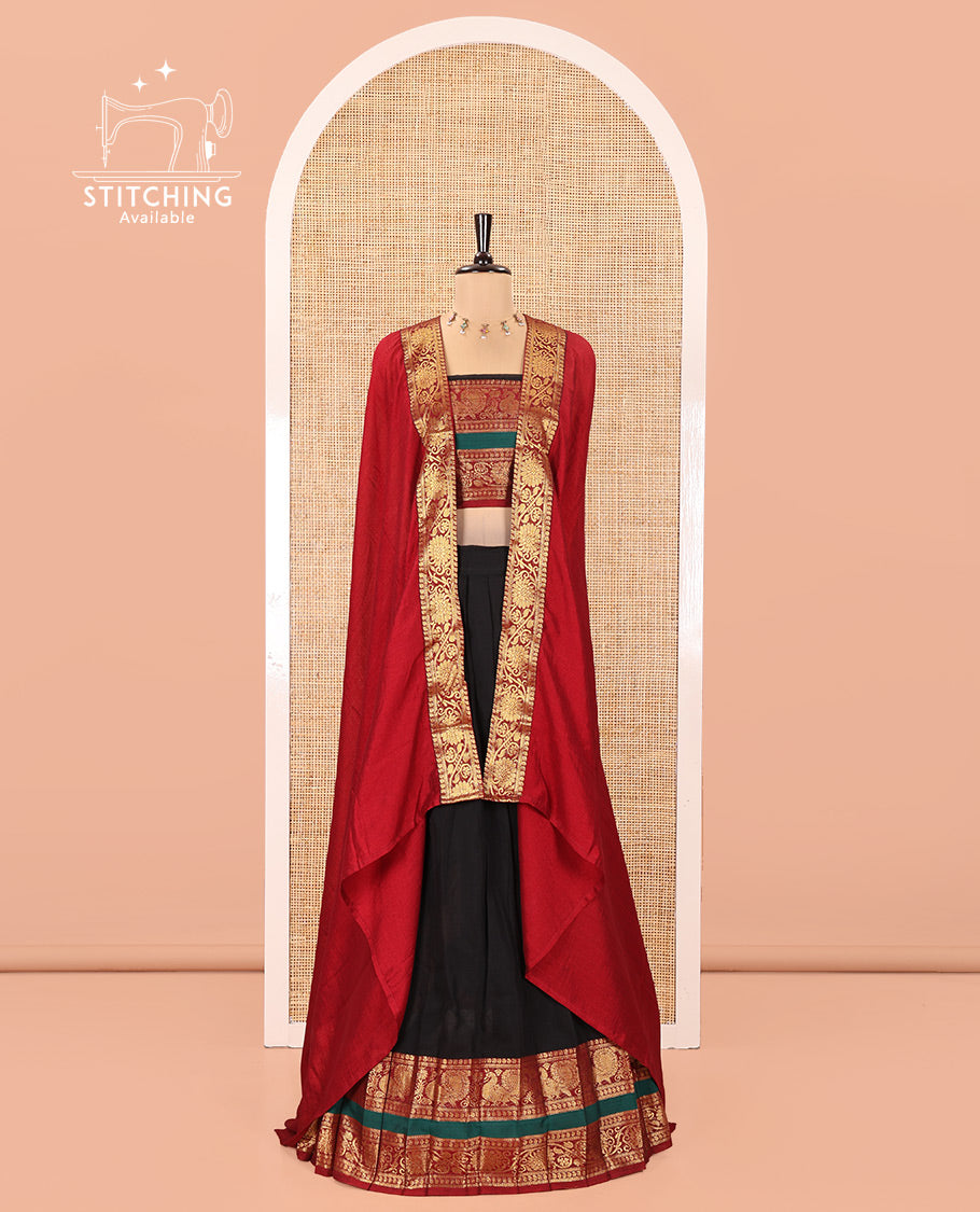 Black-Red Mercerised Cotton Half-Saree Features Plain with Contrast Peacock and Floral Creeper Zari Bordered Skirt, Paired with a Matching Blouse, and Comes with a Contrast Floral Creeper Zari Bordered Dhavani