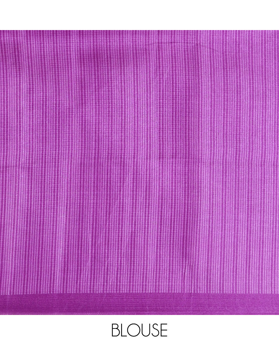 Cream polka dot printed khadi cotton saree, contrast piping border with stripes print, striped printed pallu & purple stripes printed blouse