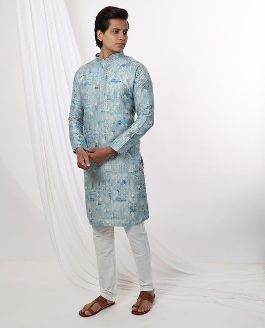 Light blue abstract design mandarin collar & full-sleeve long raw silk kurta
