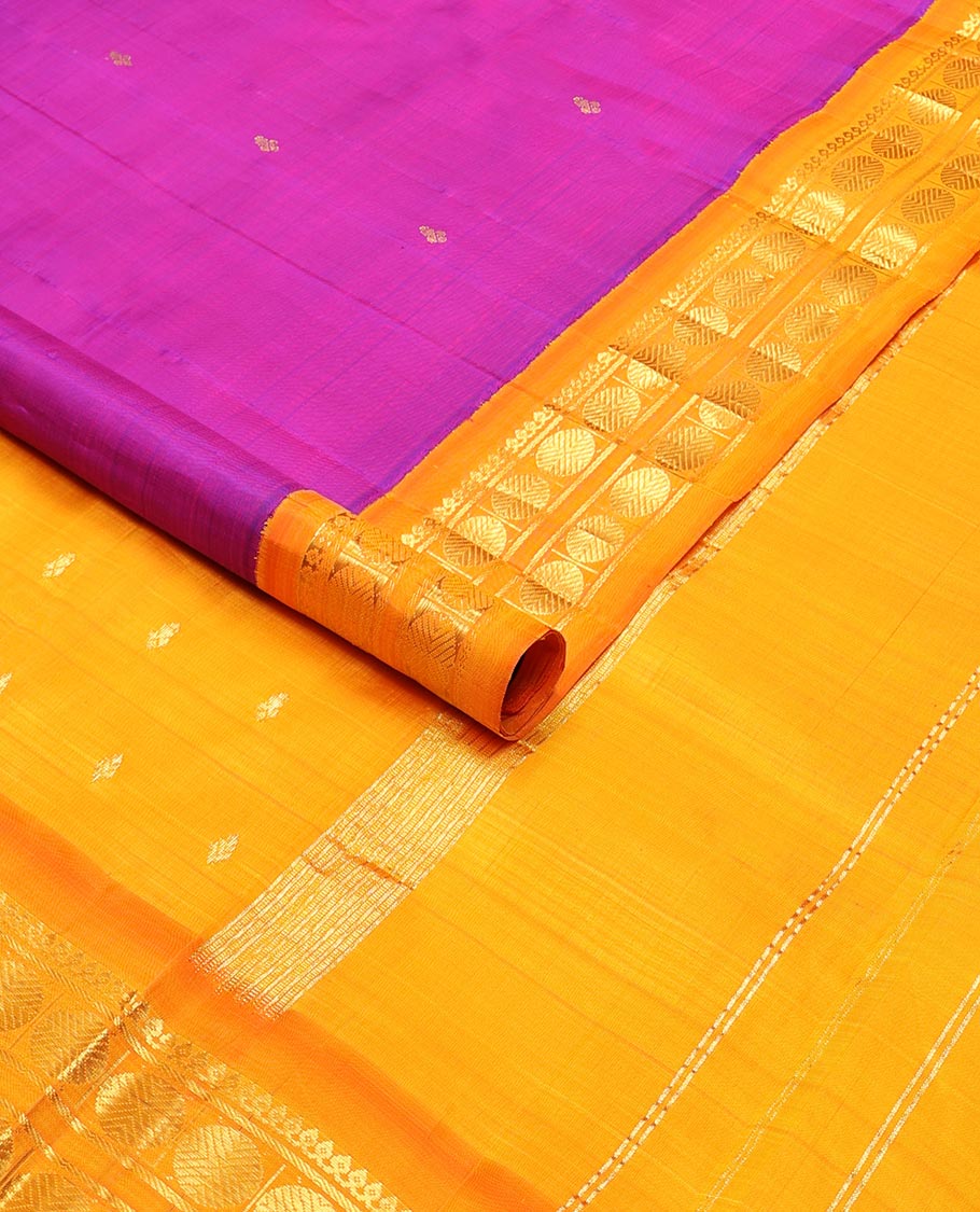 Purple buttas kancheepuram silk saree with contrast korvai border of thilakam mokku, paun design & zari design pallu