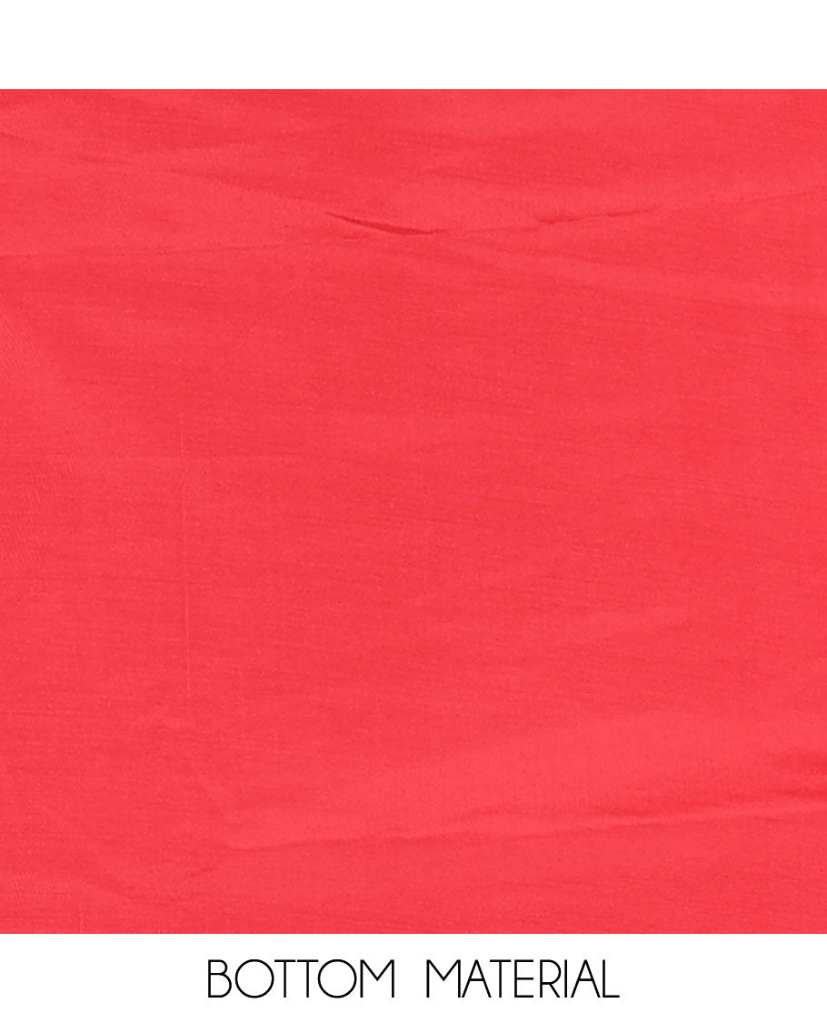 Tomato red churidar material set, floral print with thread outlined organza top, plain santoon bottom, and floral vine sequins embroidered organza dupatta