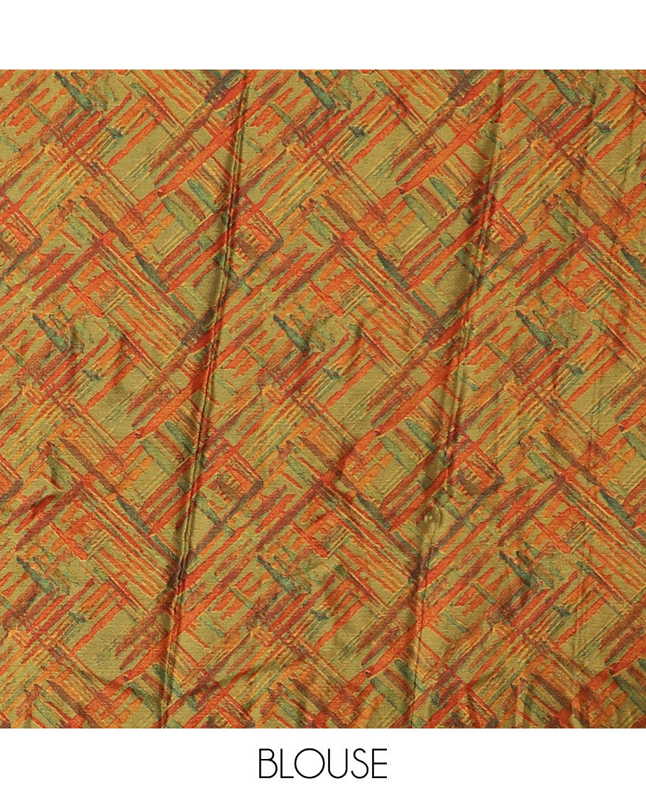 Yellow abstract style geometric printed Turkey crepe saree, contrast border, and pallu of abstract textured print