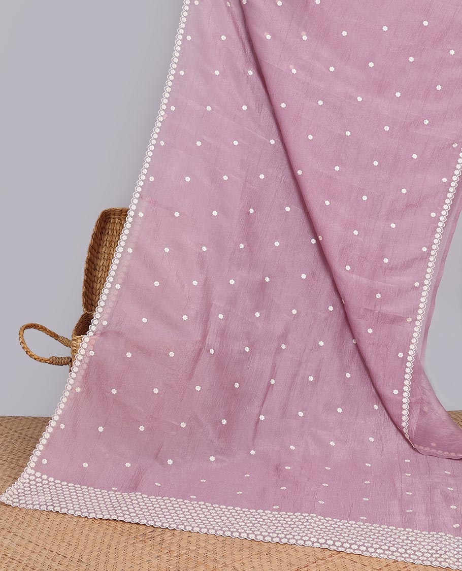 Pink Crushed Tissue saree with scallop motif border and intricate motif embroidery pallu