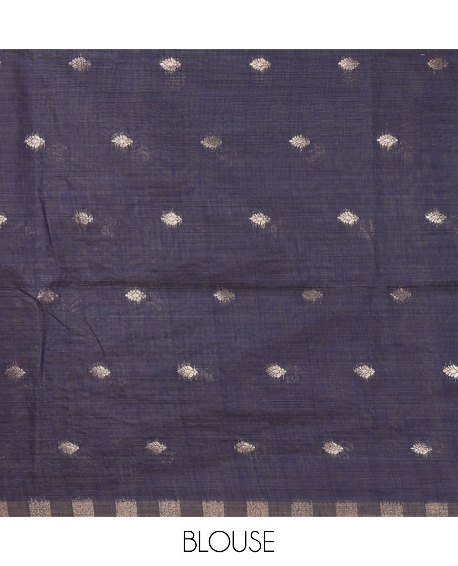 Blue meena buttas woven linen saree, jamdhani-style floral design woven border, floral design pallu & contrast zari butta blouse