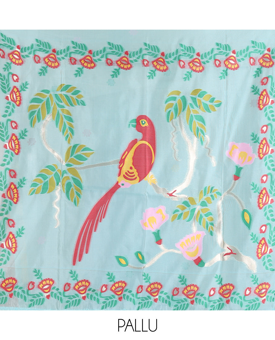 Sky Blue Meena Buttas Fancy Organza Silk Saree, a Zari Border, Paithani Floral-Macaw Pallu, Matching Blouse
