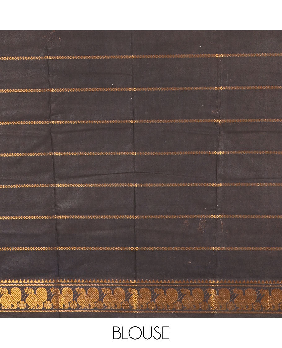 Mustard plain sungudi cotton saree, contrast annam motifs, gold zari woven border, zari striped, and zari design contrast blouse