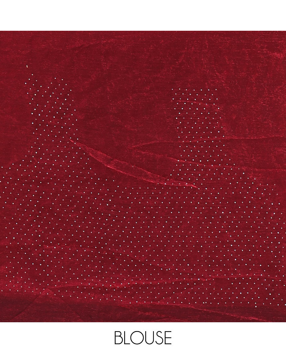 Wine full-plain fendy chiffon saree, scallop swarovski stone work geometric border and contrast plain blouse