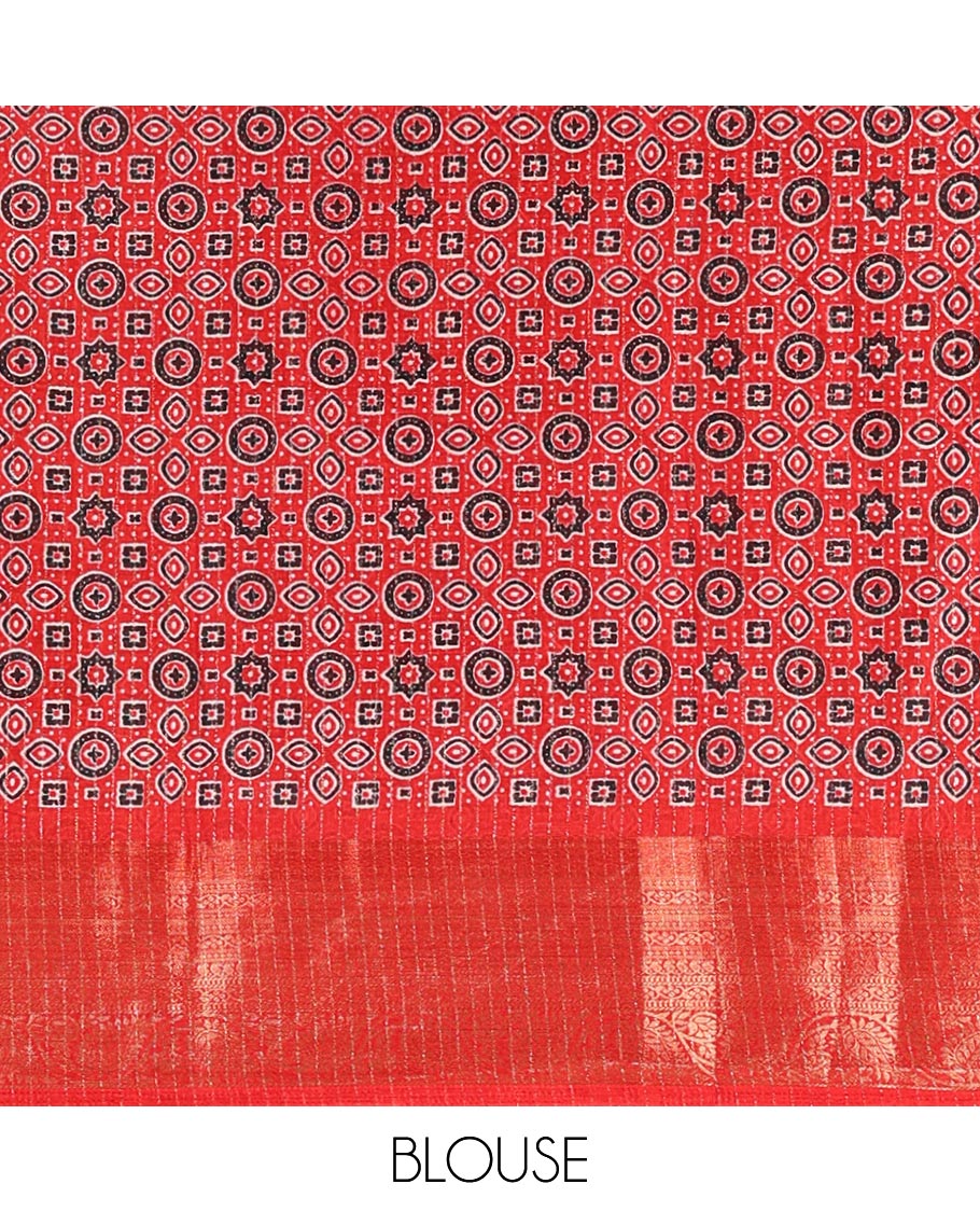 Cream-red zari striped dola silk saree, contrast traditional zari border of leaf creeper, Ajrakh printed pallu, and Ajrakh printed blouse