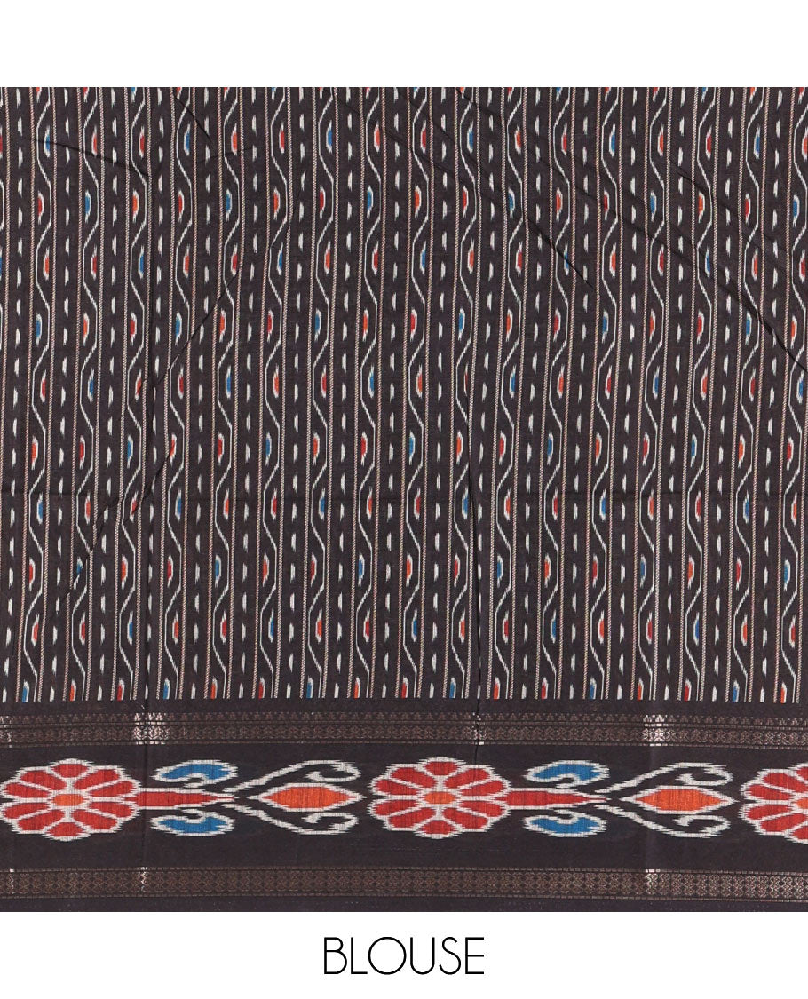 Olive green plain Katan silk saree, contrast temple ikkat floral printed border, ikkat floral printed pallu, and ikkat printed blouse